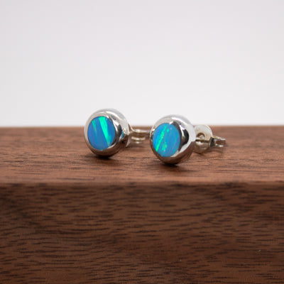 8mm Blue Opal Sterling Silver Stud Earrings