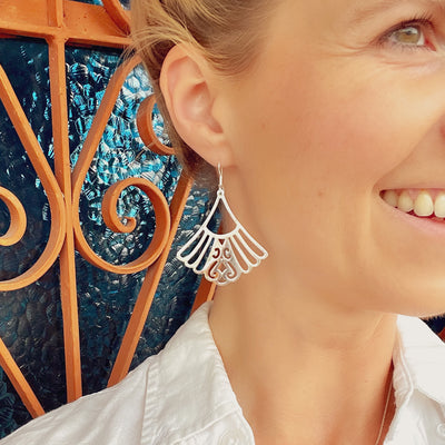 Hand Cut Ornate Fan Sterling Silver Earrings