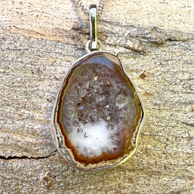 Honey Amber Tabasco Agate Geode Silver Pendant