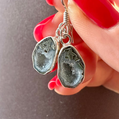 Mossy Crystal Tabasco Agate Geode Silver Drop Earrings