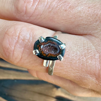 Red Eye Tabasco Agate Geode Silver Ring