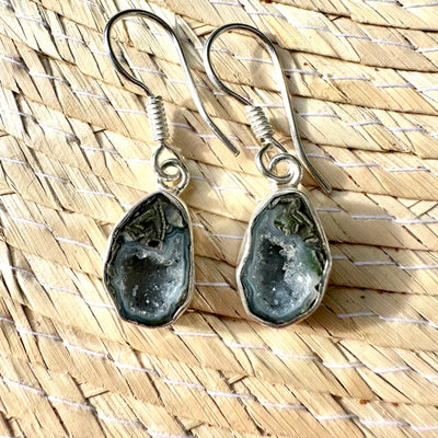 Mossy Crystal Tabasco Agate Geode Silver Drop Earrings