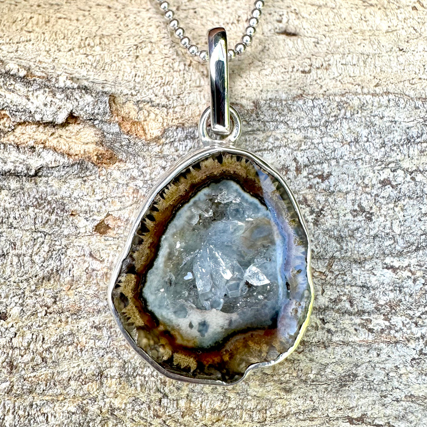 Snake Eye Tabasco Agate Geode Silver Pendant