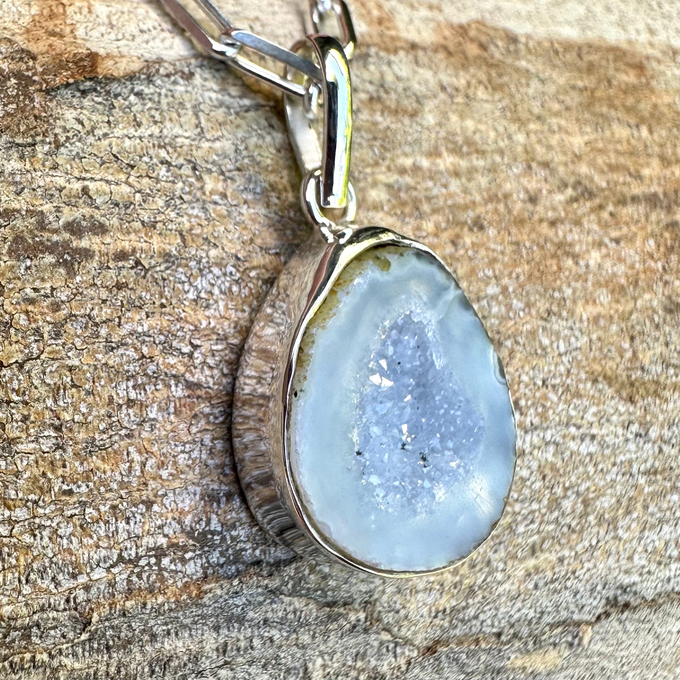 Silk Sparkle Tabasco Agate Geode Silver Pendant