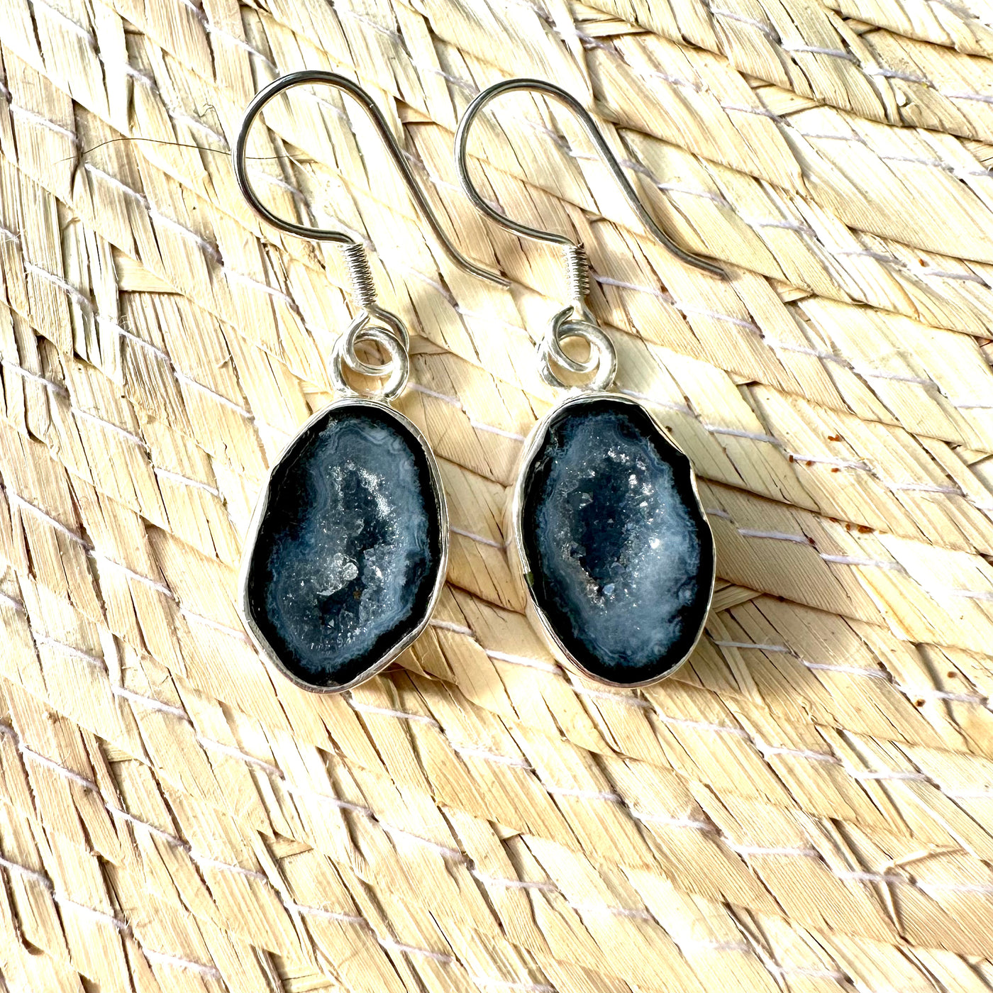 Blue Sparkle Tabasco Agate Geode Silver Drop Earrings