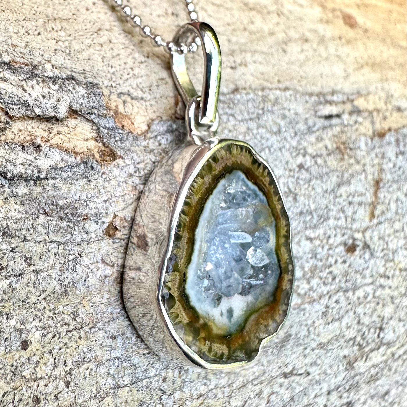 Snake Eye Tabasco Agate Geode Silver Pendant