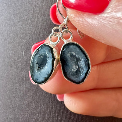 Blue Sparkle Tabasco Agate Geode Silver Drop Earrings