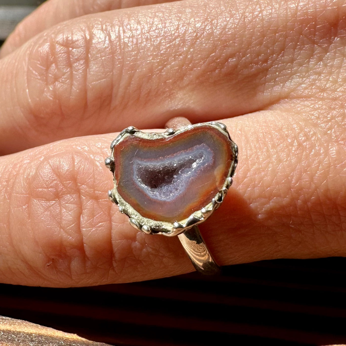 Rainbow Tabasco Agate Geode Silver Ring