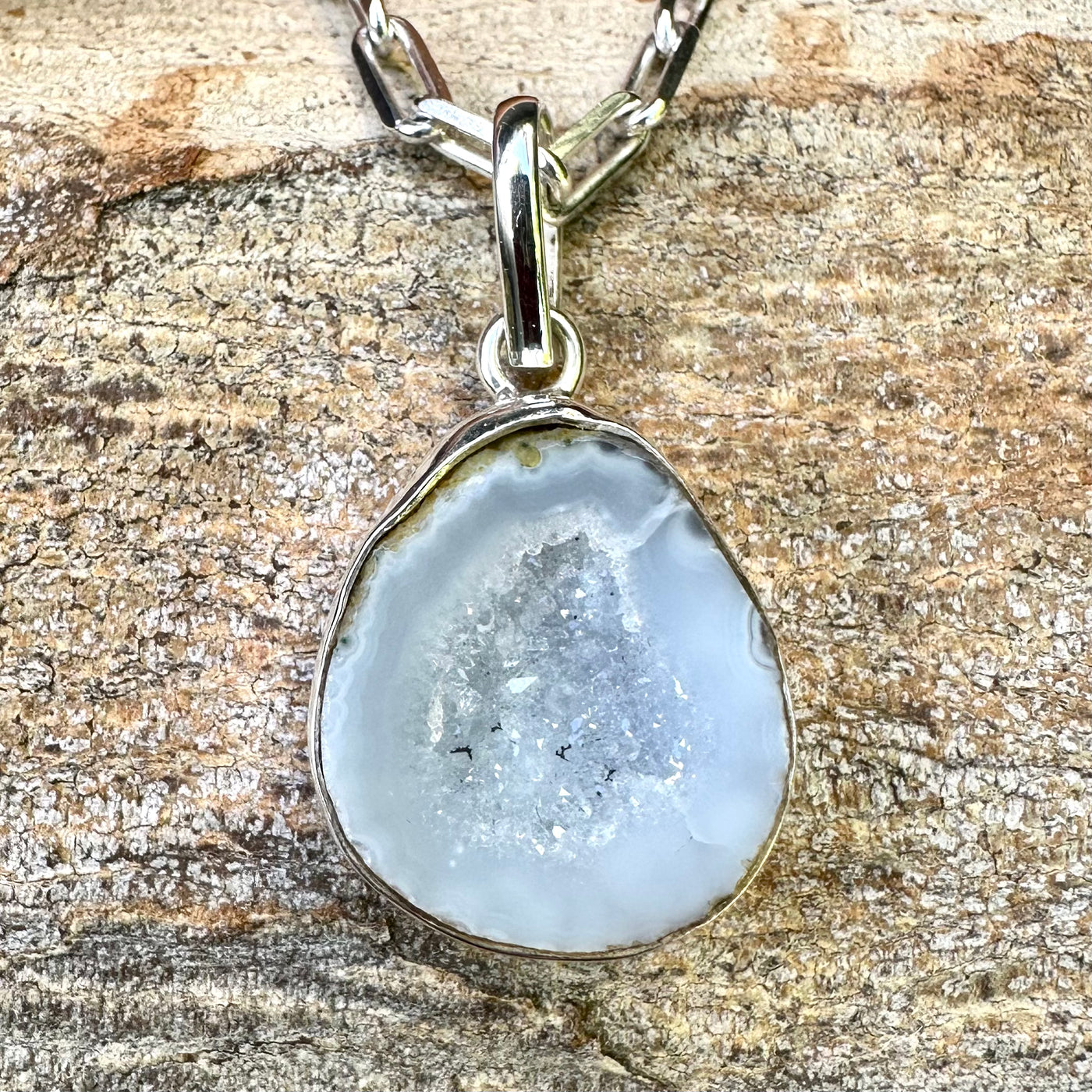 Silk Sparkle Tabasco Agate Geode Silver Pendant