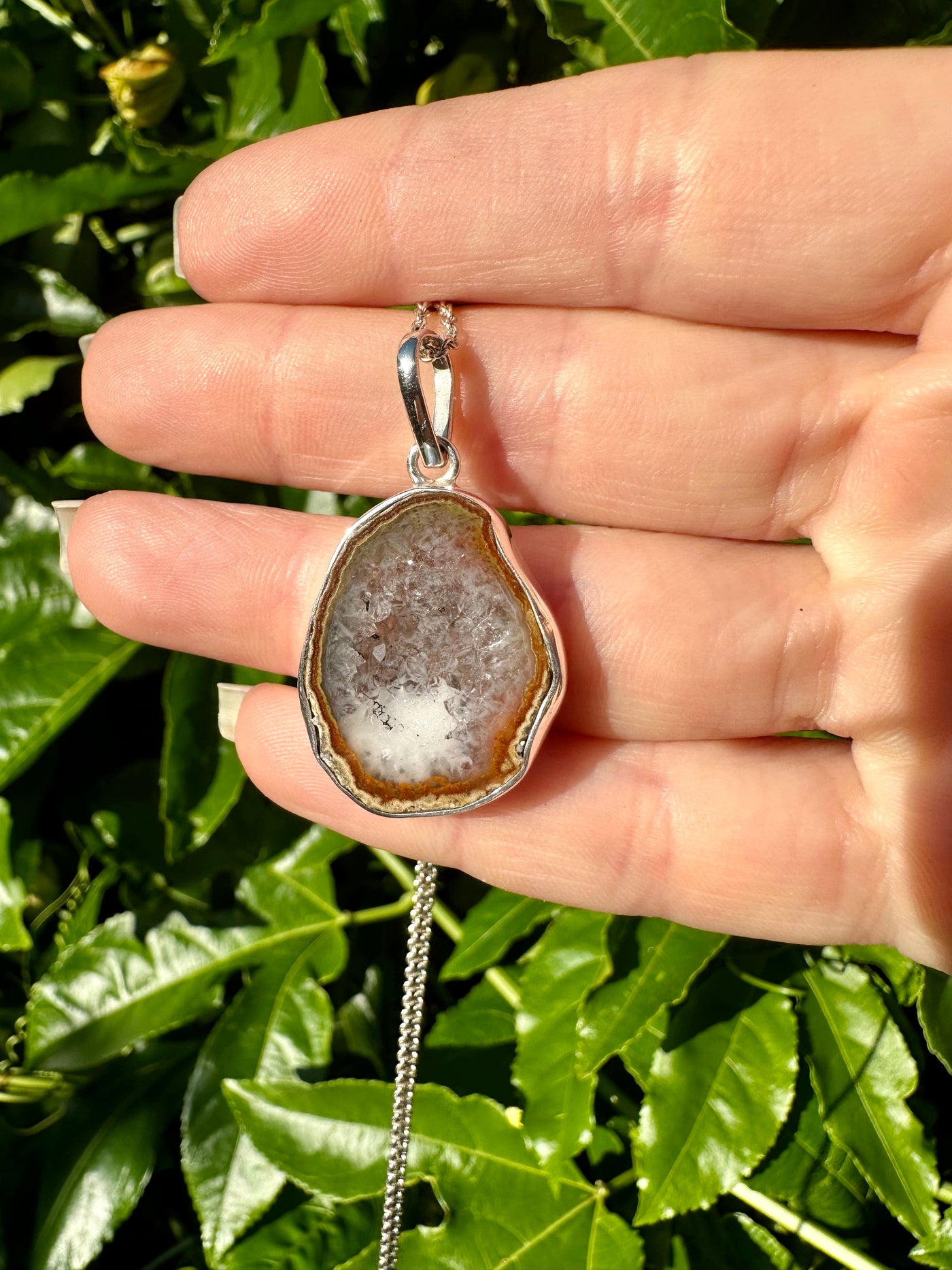 Honey Amber Tabasco Agate Geode Silver Pendant