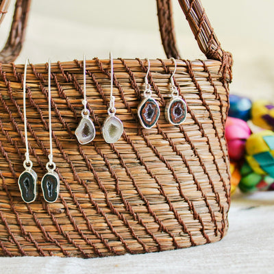 Cenotes Del Bosque Tabasco Agate Geode Silver Drop Earrings