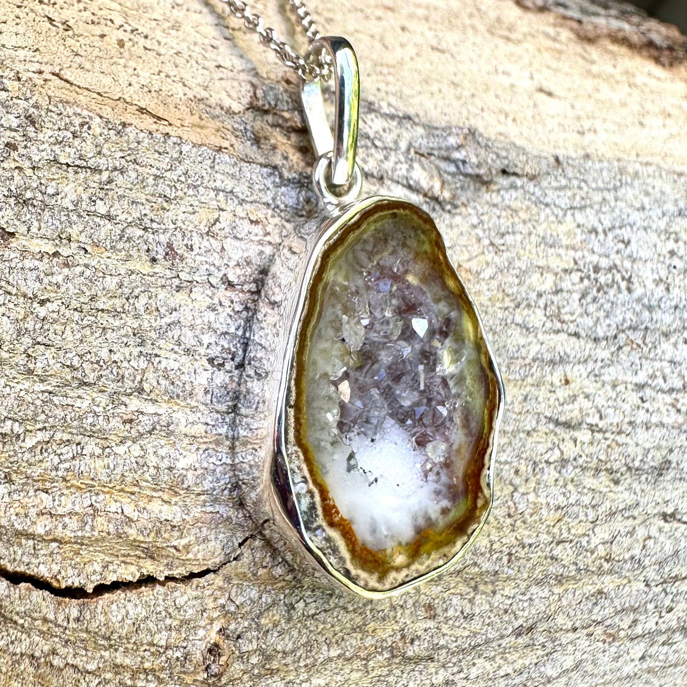 Honey Amber Tabasco Agate Geode Silver Pendant