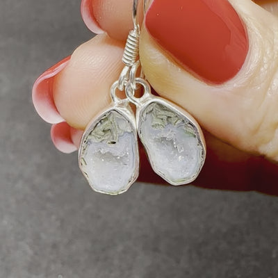 Mossy Crystal Tabasco Agate Geode Silver Drop Earrings