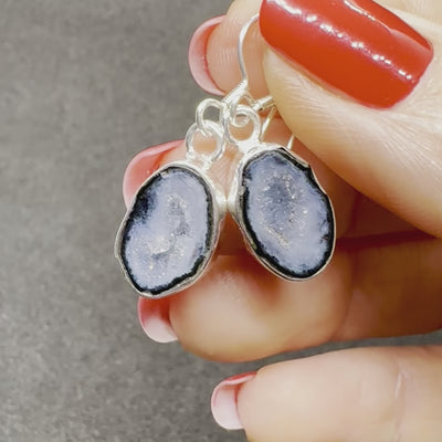 Blue Sparkle Tabasco Agate Geode Silver Drop Earrings